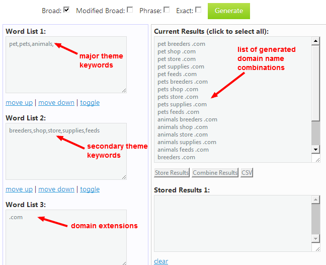 Combine keywords using Keyword List Generator