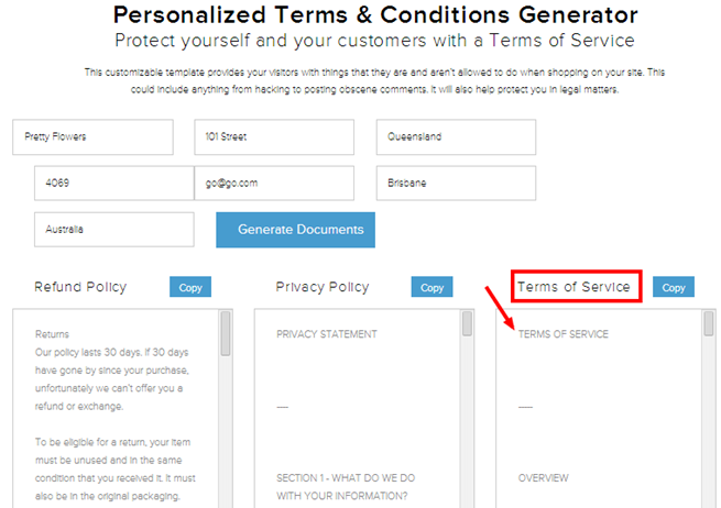 Personlized terms and conditions generator