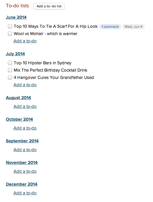 Example of monthly schedule in Basecamp