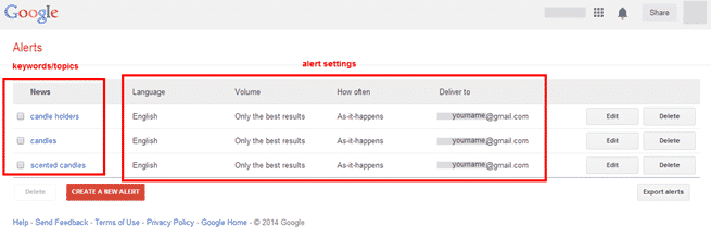 Google Alert settings screenshot