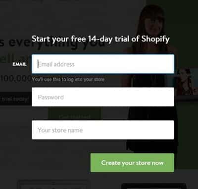 Shopify sign up page