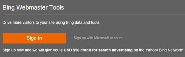 Bing Webmaster Tools sign up page