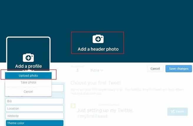 Adding a header and profile photo in Twitter