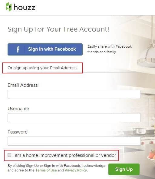 Houzz Sign Up page