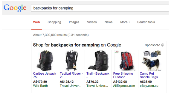 screenshot of backpack for sell online