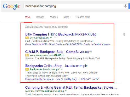 screenshot of traditional ads in Google results