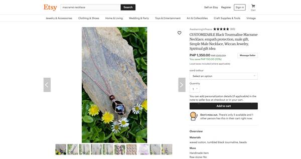 screenshot of macrame necklace in Etsy store
