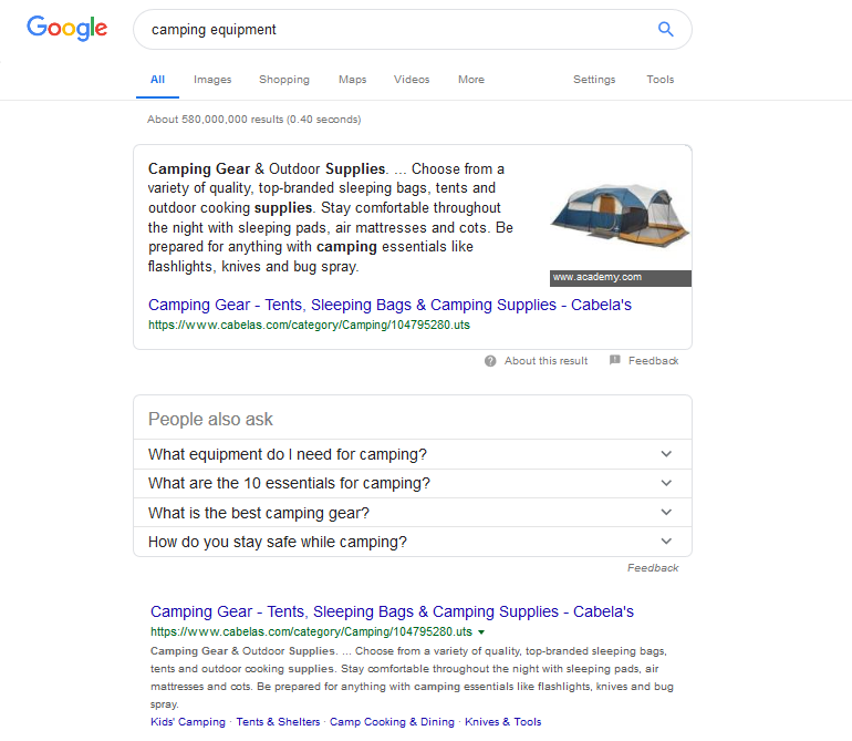 screenshot Google search result of camping equipment