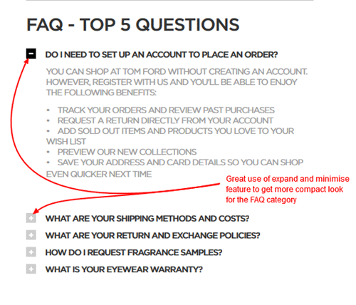 screenshot of Tom Ford website FAQ page