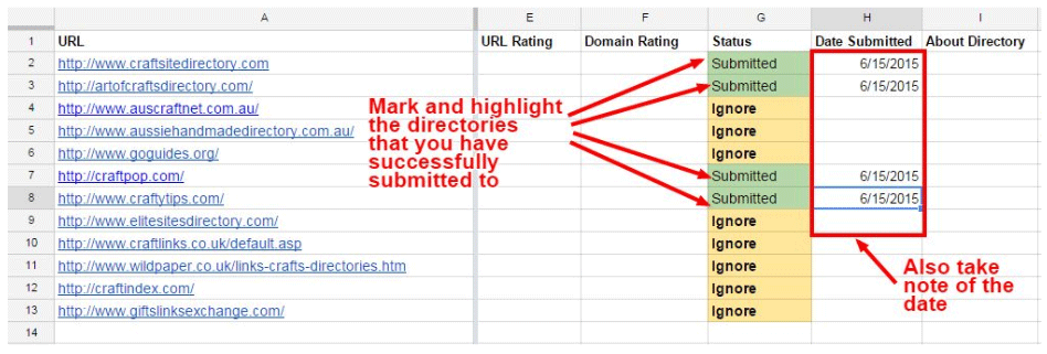 screenshot of a spreadsheet with list of directories