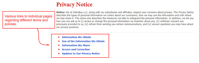 screenshot of usgobuy privacy notice