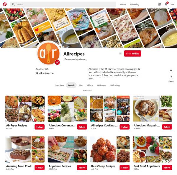 screenshot of Allrecipes Pinterest boards