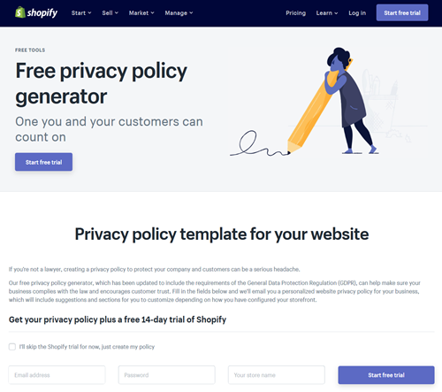 screenshot of shopify privacy policy