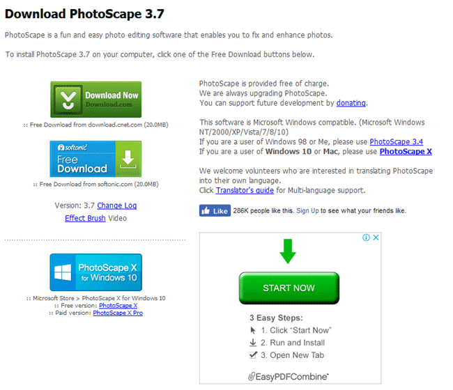 screenshot of Photoscape download page