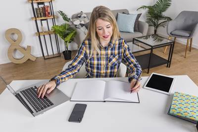 happy woman working at home