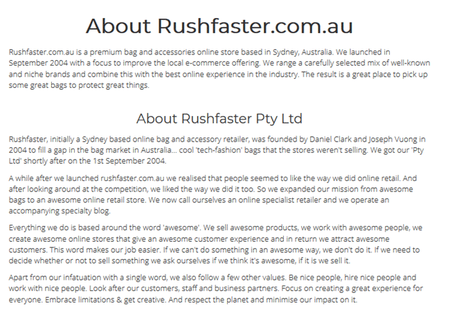 screenshot of rushfaster about page