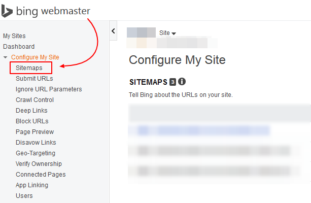 screenshot Bing Webmaster Dashboard Sitemap