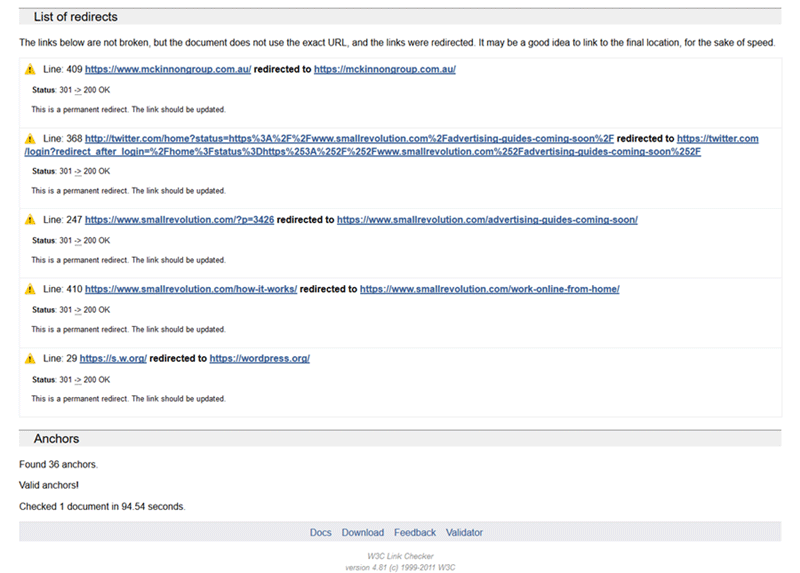 screenshot of redirected links using w3c link checker