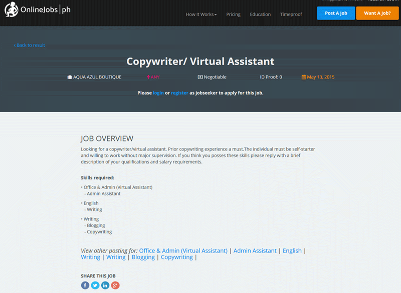 onlinejobs.ph coprywriter/virtual assistant job post