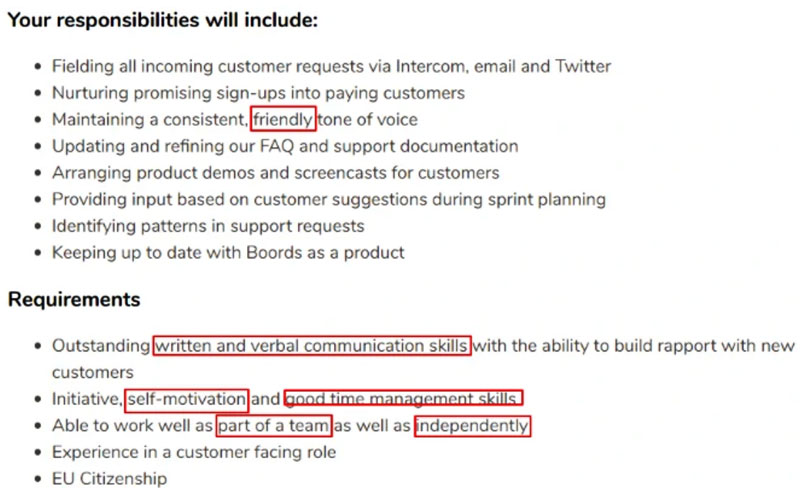 screenshot of responsibilities and requirements