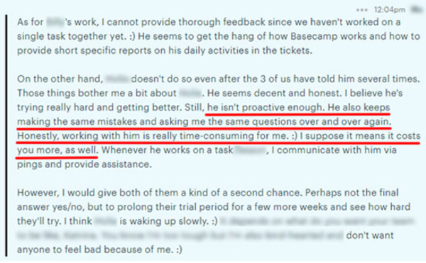 screenshot of employee feedback convo