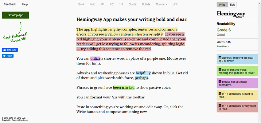 Hemingway editor page