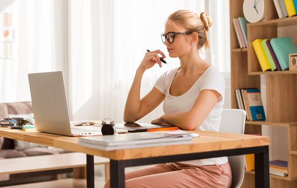 blonde female working from home