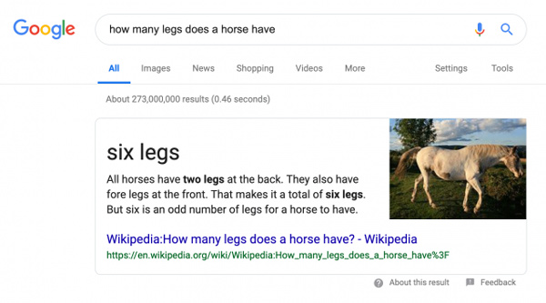 Google search snippet showing a horse has six legs