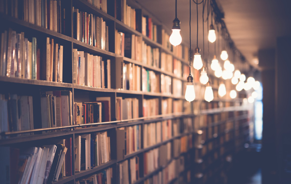 Library with hanging bulbs