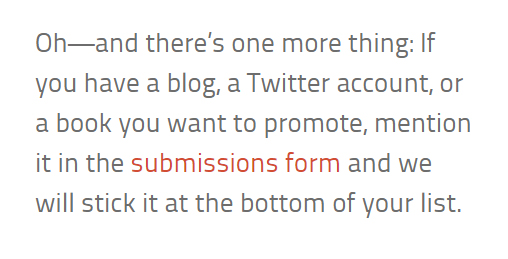 Screenshot of Listverse’s offer to mention writer’s social media account, blog, and book
