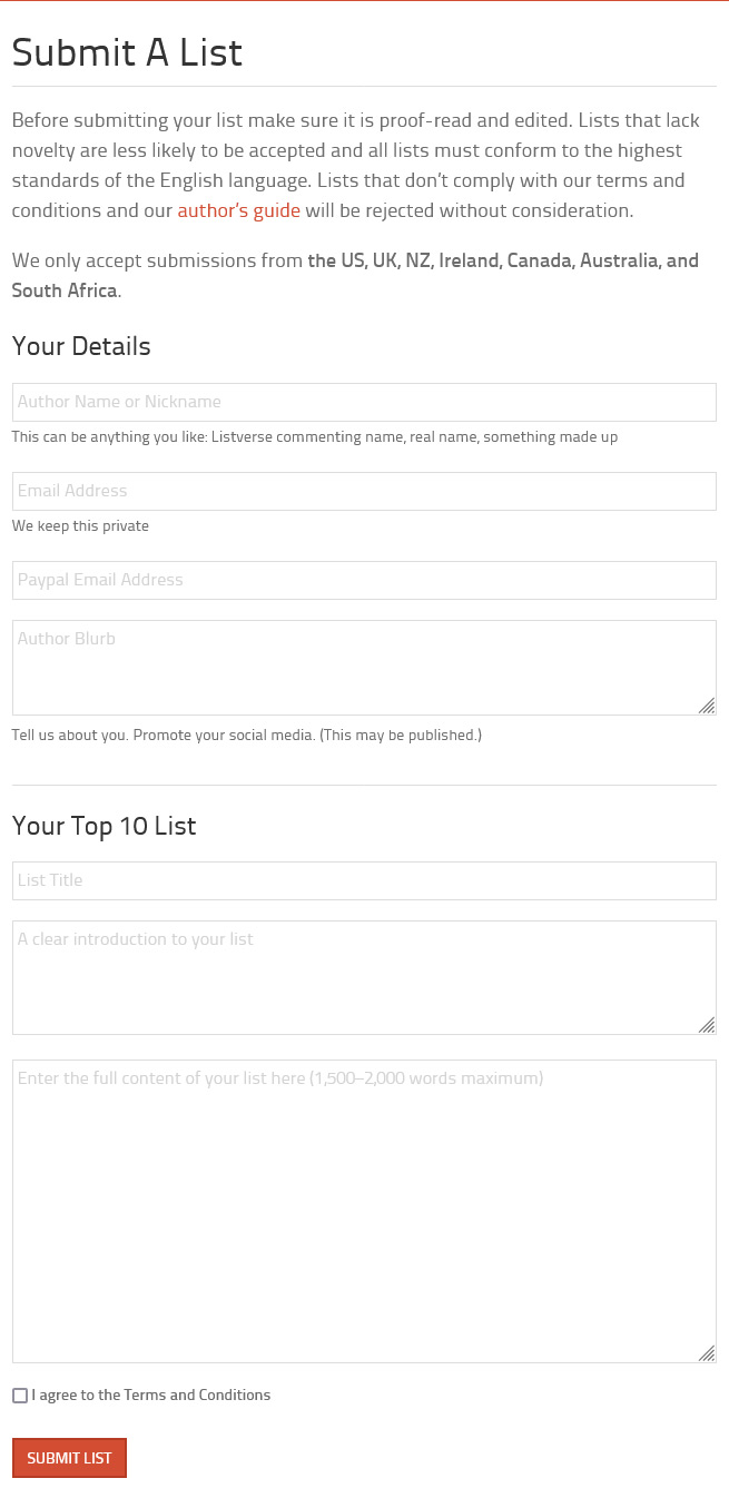 Screenshot of Listverse submission page