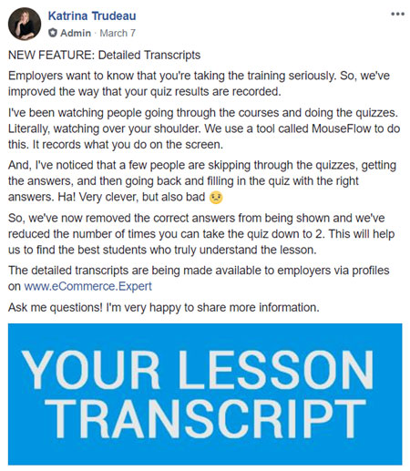 screenshot of Facebook about training transcription