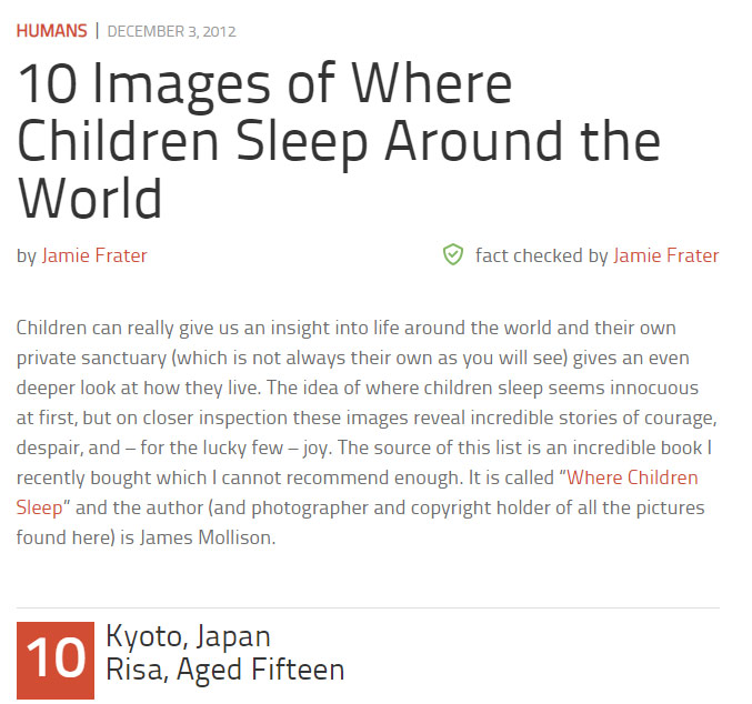 Screenshot of Listverse article about children’s beds all over the world