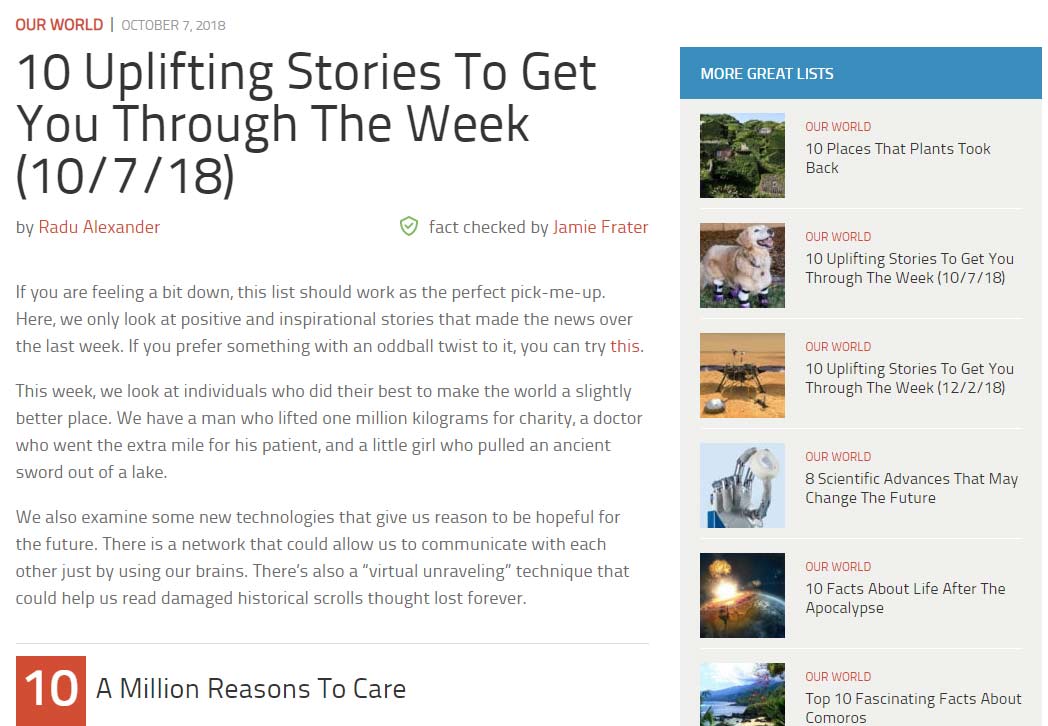 Listverse article on top 10 uplifting stories