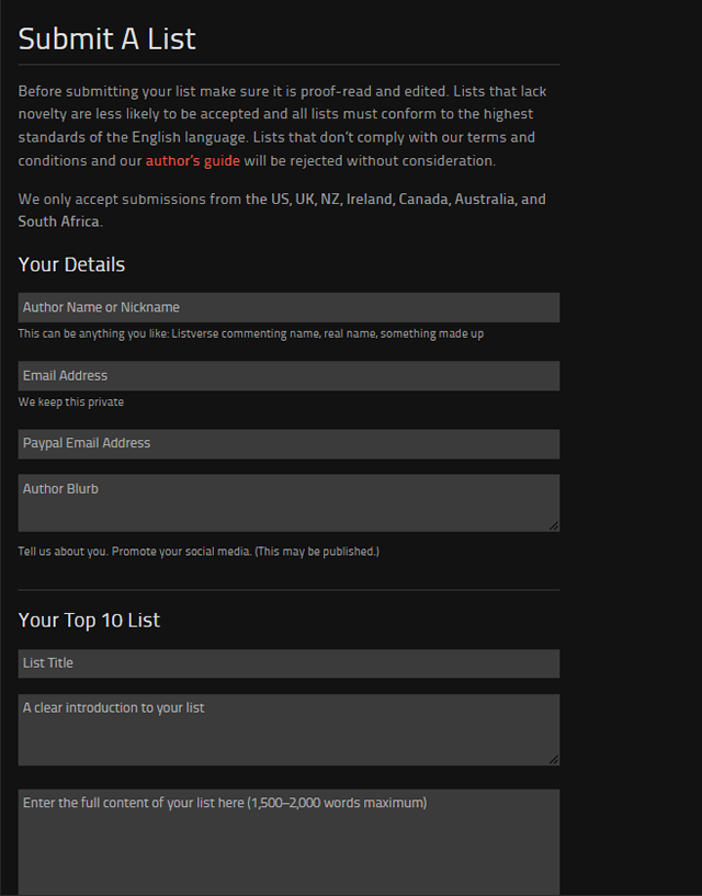 Listverse submission form for writers