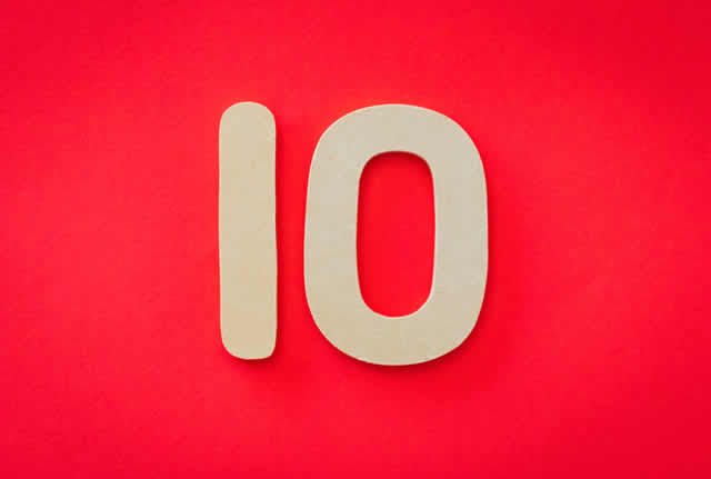 the number 10 in large white block numeral font on a bright red background