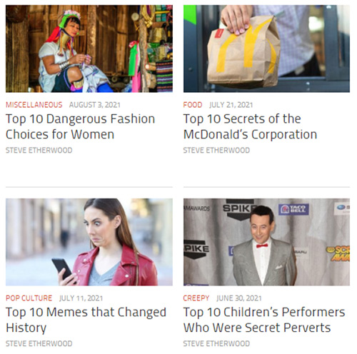 screenshot of a Listverse contributing author’s articles on various topics