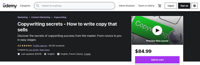 Udemy’s Copywriting Secrets course page