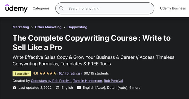 The Complete Copywriting Course page by Udemy