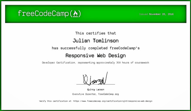 sample of freeCodeCamp certificate