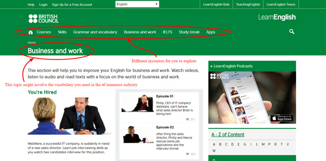 screenshot of British council homepage