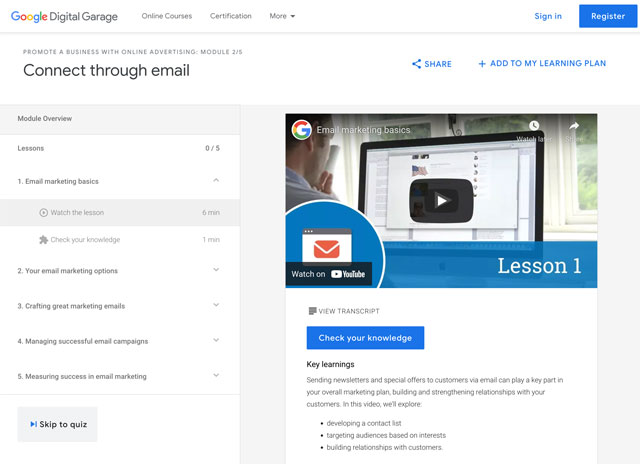 Google Digital Garage’s email marketing lessons page