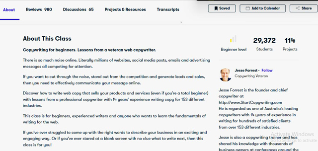 Copywriting For Beginners course “About” section