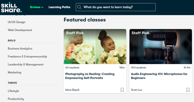 section of Skillshare courses and categories