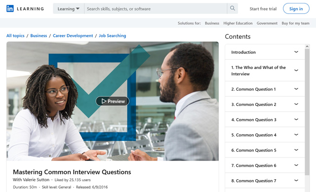 LinkedIn’s course on mastering common interview questions by Valerie Sutton