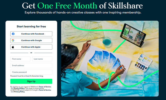 page to Skillshare’s one month free trial section