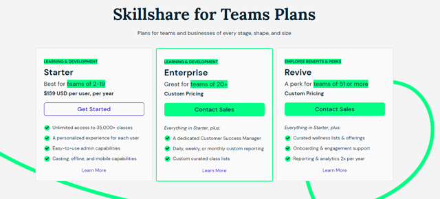 Skillshare plans for teams and business