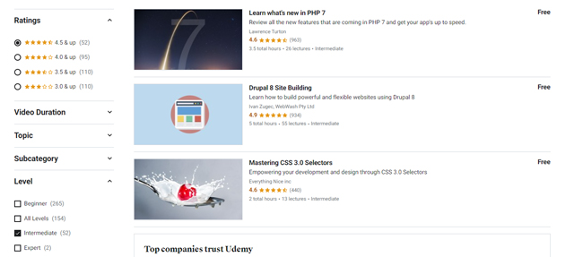 Udemy filter options