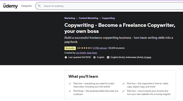 homepage of a copywriting course