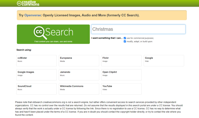 screenshot of Creative Commons search page